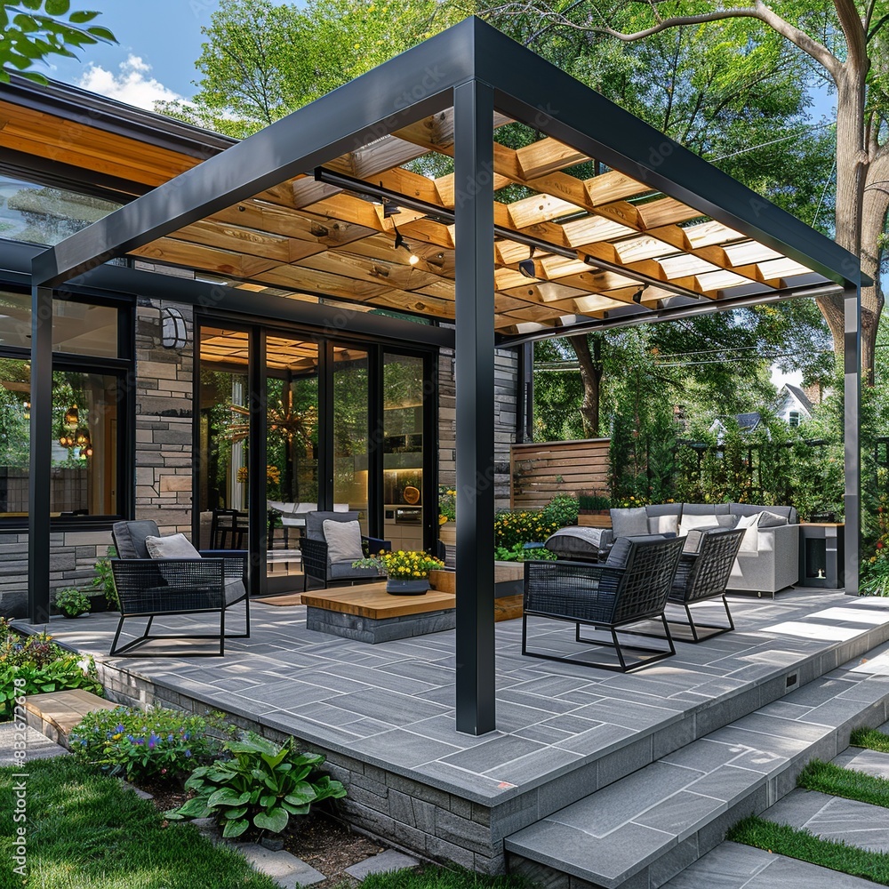 Explore a sleek pergola design in a photo, featuring modern furniture ...