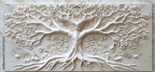 3D relief white tree wallpaper mural wall. AI generated illustration