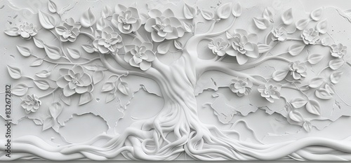 3D relief white tree wallpaper mural wall. AI generated illustration