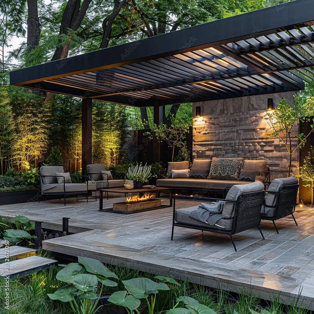 Obraz premium Explore a sleek pergola design in a photo, featuring modern furniture that elevates the contemporary aesthetic. The integration of plants adds a natural element to the clean lines 