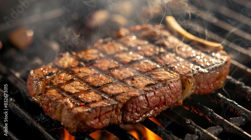 Beef steak with distinct grill marks, sizzling on the barbecue, summer evening, smoke rising, detailed closeup, highresolution, isolated background, copy space