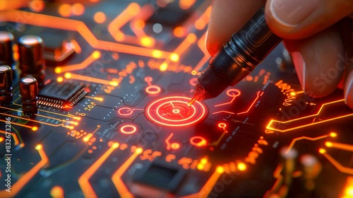 The image shows a person in a black glove holding a soldering iron and soldering a circuit board
