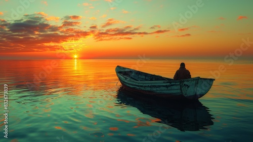 Serene sunset solitude with lone boatman