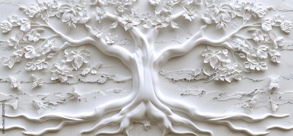 3D relief white tree wallpaper mural wall. AI generated illustration 3D relief white tree wallpaper mural wall. AI generated illustration