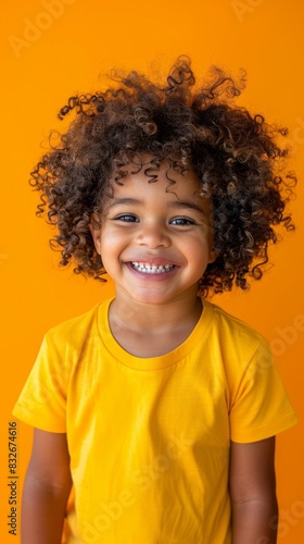 Happy child with curly hair on orange background