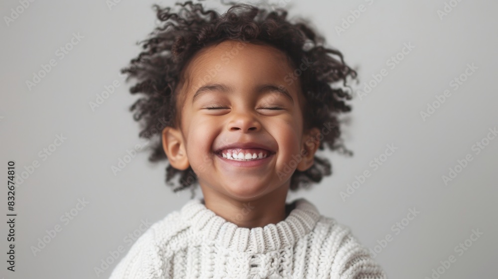 Radiant child laughing in white sweater Radiant child laughing in white sweater