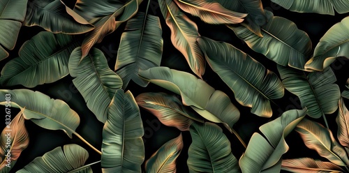 tropical banana leaf texture in garden, abstract green leaf wallpaper, large palm foliage nature dark green background. AI generated illustration