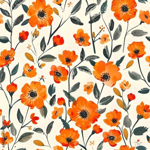 Bright orange floral pattern with vibrant flowers on a neutral background. Ideal for textiles and wallpapers. A delightful style for autumn or summer decor. AI