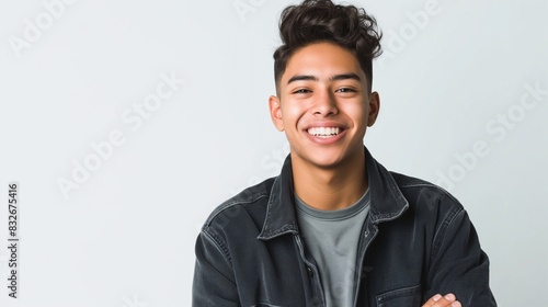 Healthy ethnic guy smiling headshot, happy Mexican male student portrait isolated on white background. photo