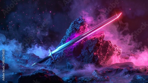 Hero's sword in the stone excalibur, with light and electrical effect, concept of adventure, secret weapon, saint weapon, precious.