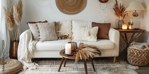 Close up of boho style living room, fabric sofa with white and terra cotta pillows, aroma candles on coffee table in front. French country home interior design of modern living room backgrounds.	