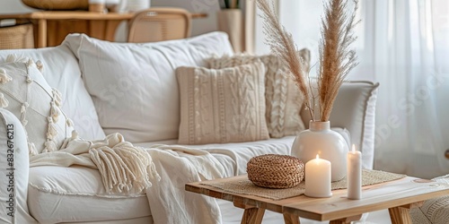 Close up of boho style living room, fabric sofa with white and terra cotta pillows, aroma candles on coffee table in front. French country home interior design of modern living room backgrounds.