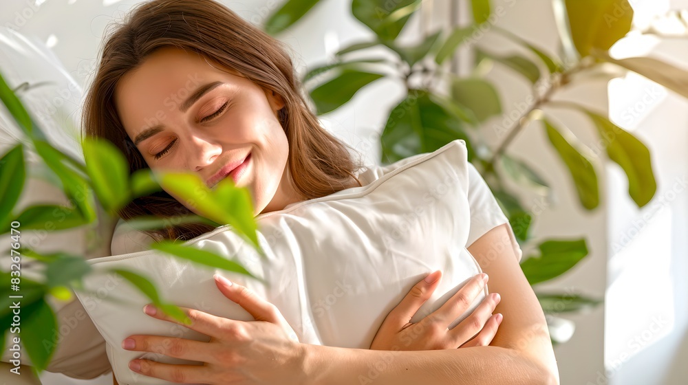 Smiling woman hugging pillow in cozy room with green plants. Relaxed and peaceful moment captured in bright and airy setting. AI Smiling woman hugging pillow in cozy room with green plants. Relaxed and peaceful moment captured in bright and airy setting. AI