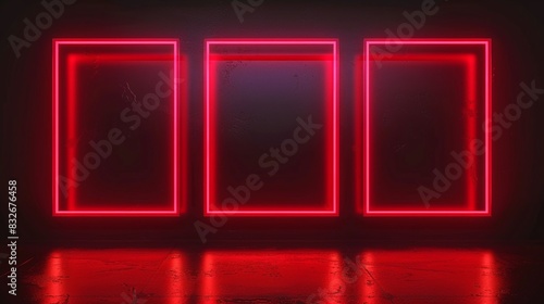 Three red neon light glowing blank picture frames on dark concrete wall in empty lobby room, concept of display, poster, advertising.