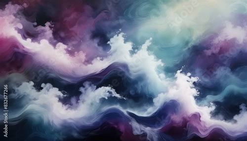 The image is a colorful abstract painting of a wave with purple, blue photo