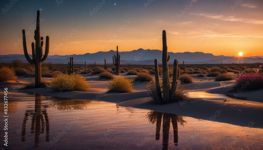 A desert landscape with a sunset in the background A desert landscape with a sunset in the background