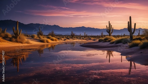 A desert landscape with a river and a sunset in the background photo
