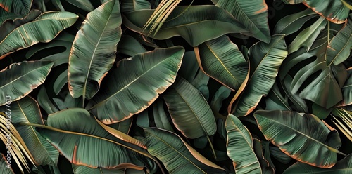 tropical banana leaf texture in garden, abstract green leaf wallpaper, large palm foliage nature dark green background. AI generated illustration