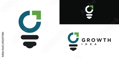 Modern growth logo idea design. Abstract arrow shapes logo design in letter G and light bulb vector. Premium Vector