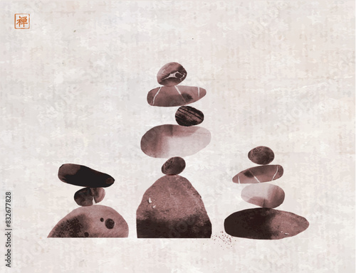 Minimalist Ink painting of stacked stones in a Zen-like balance. Traditional oriental ink painting sumi-e, u-sin, go-hua on vintage background. Hieroglyph - zen