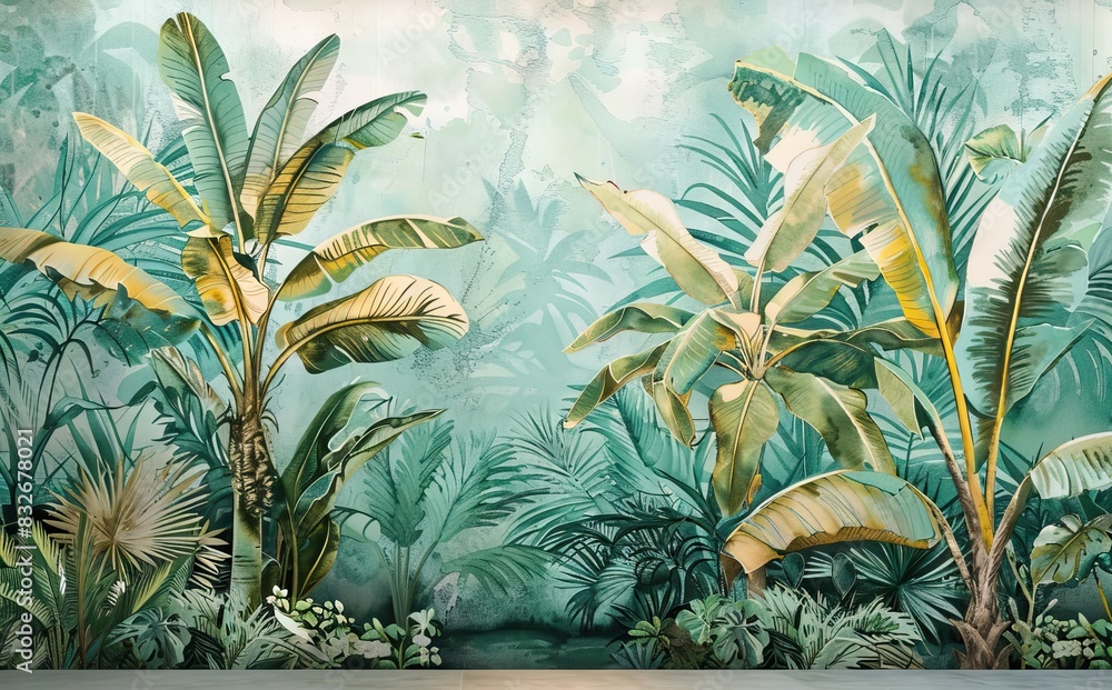 Illustration of a tropical wallpaper pattern with watercolor texture, palm leaves, and banana leaves. a background with texture and tropical vegetation. AI generated illustration