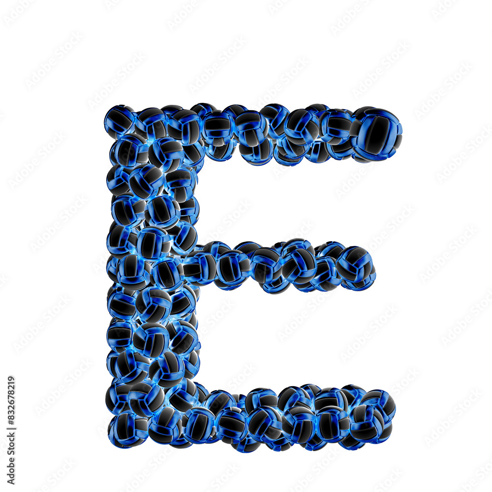 Symbol made of dark blue volleyballs. letter e Symbol made of dark blue volleyballs. letter e