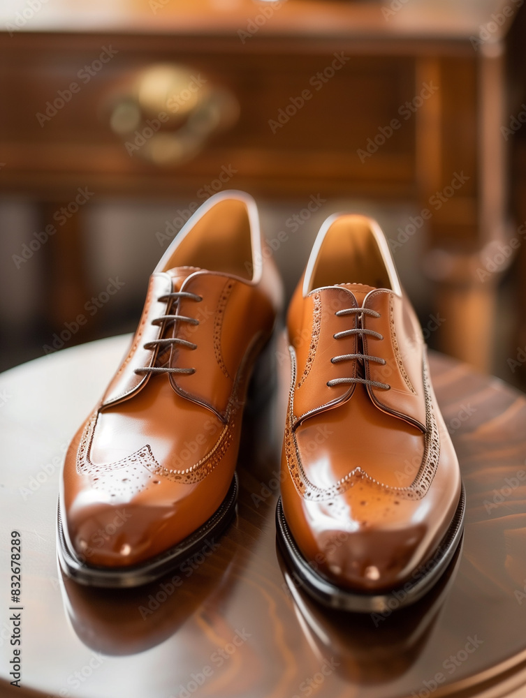 Pair of elegant men's shoes on a shelf in a store, footwear collection, showroom. Pair of elegant men's shoes on a shelf in a store, footwear collection, showroom.