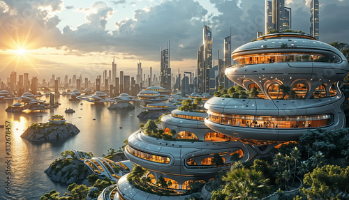 Future-Focused Realty Frontier, futuristic cityscape where cutting-edge architecture meets sustainable design,