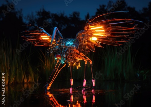Birds in a futuristic robotic neon world