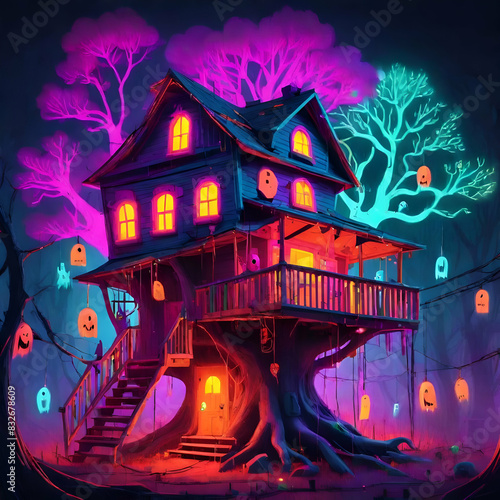 Neon Treehouse: Haunted by Colorful Ghosts in the Darkness