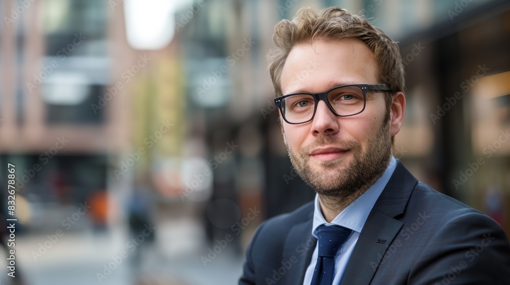 a man in a suit and tie standing in front of a building with a blurry background of a city street.. a man in a suit and tie standing in front of a building with a blurry background of a city street..