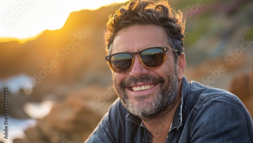 a man with a beard and sunglasses smiling at the camera with a mountain in the background and sun shining on him..