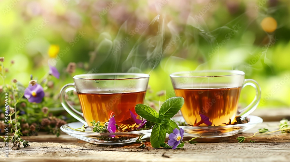 two cups of tea with flowers on a table outside in the sun light two cups of tea with flowers on a table outside in the sun light