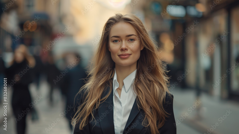 A woman in a business suit is smiling and standing in the street A woman in a business suit is smiling and standing in the street