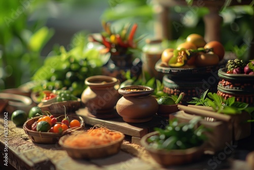 Vibrant Miniature Thai Kitchen Scene with Tiny Clay Pots and Fresh Produce photo