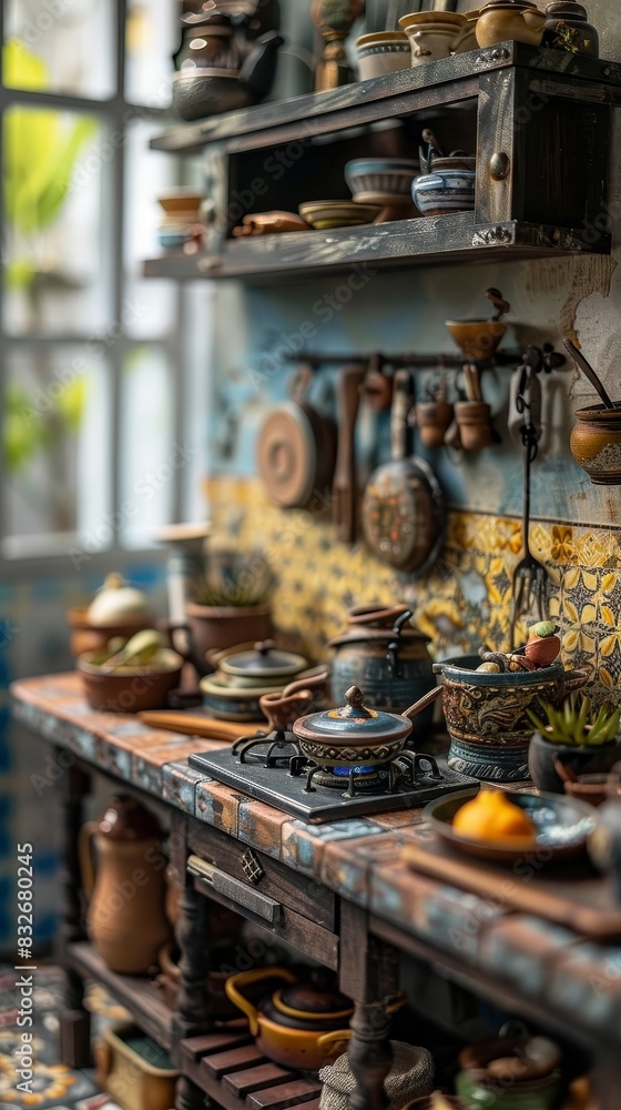 Intricate Miniature Thai Kitchen Display with Detailed Clay Cookware Intricate Miniature Thai Kitchen Display with Detailed Clay Cookware