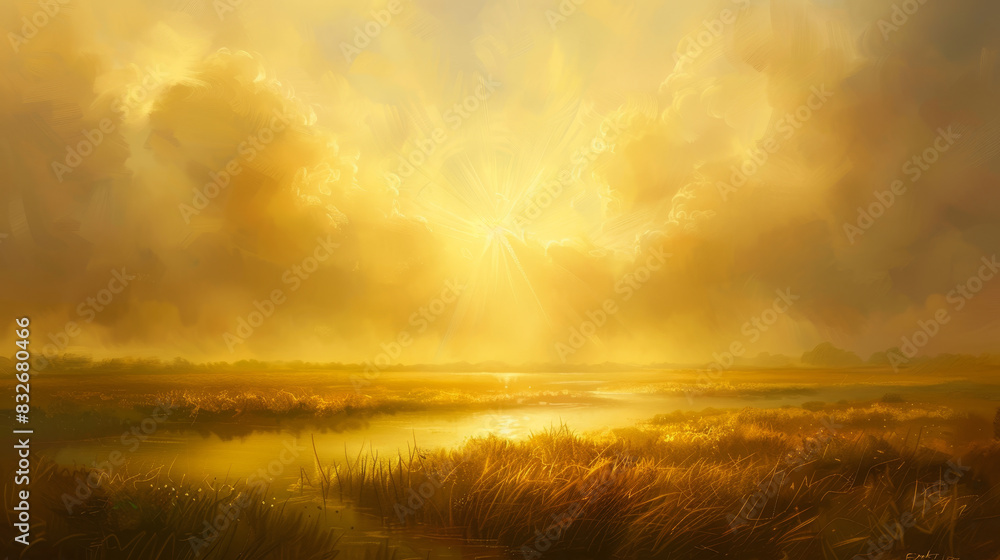 A painting of a field with a sun shining through the clouds A painting of a field with a sun shining through the clouds