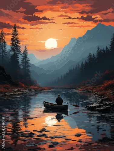 Serene scene of a man canoeing on a tranquil mountain lake during a vibrant sunset surrounded by pine trees