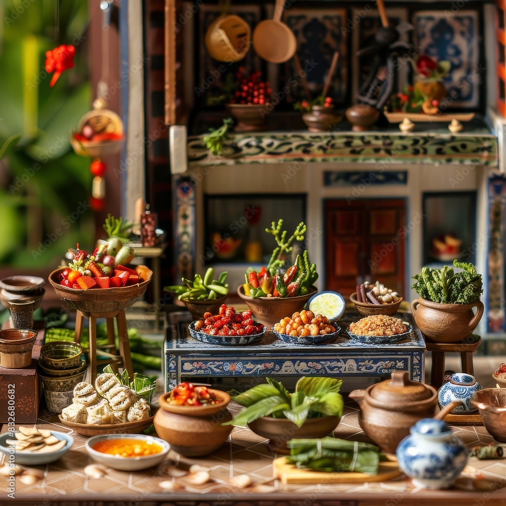 Miniature Thai Kitchen with Clay Pots and Food Items - High-Resolution Realistic Model for Culinary Concept Miniature Thai Kitchen with Clay Pots and Food Items - High-Resolution Realistic Model for Culinary Concept