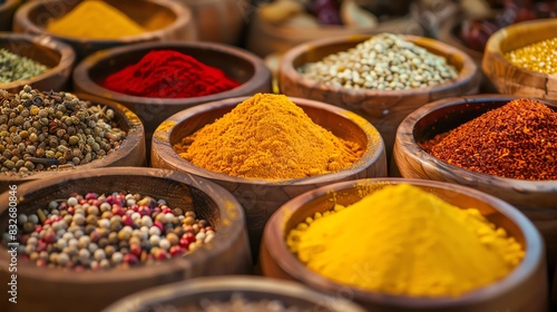 Assortment of colorful spices in wooden bowls, a vibrant display of culinary flavor. © Quality Photos