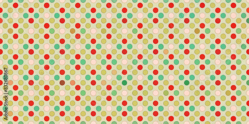The multicoloured polka dot pattern is evenly spread over a light background, creating a retro-inspired polka dot pattern. The dots appear in shades of red, green and beige.AI generated.