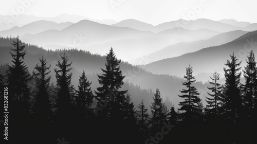 Forest silhouette against mountain range in monochrome picture photo