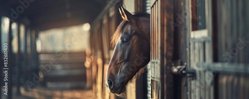 Serene horse gazing from stable at sunset