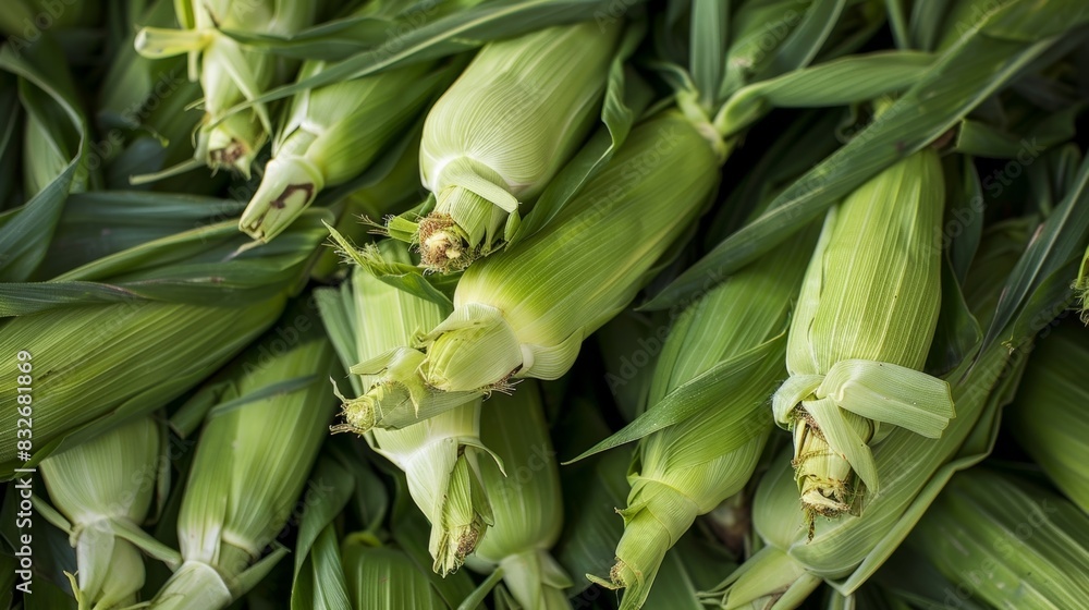 A stack of freshly picked corn on the cob still in their vibrant green husks. A stack of freshly picked corn on the cob still in their vibrant green husks.