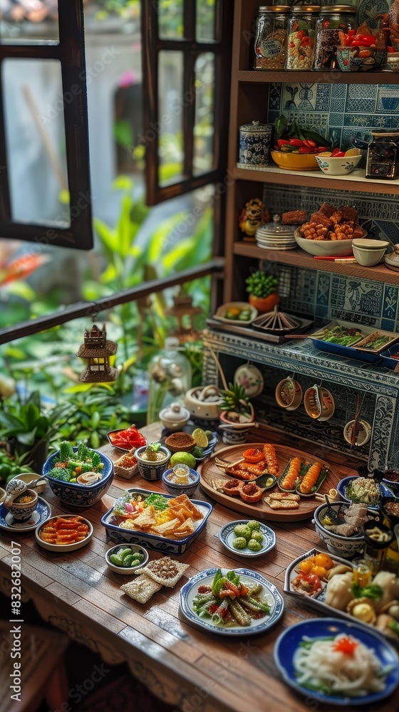 Fototapeta premium Miniature Thai Kitchen: Tiny Setup with Authentic Plates and Traditional Cuisine