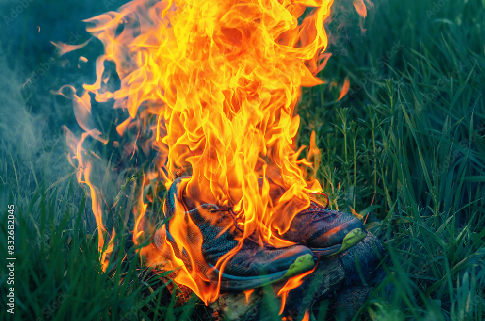 Orange fire in grass. Sports sneakers are on fire
