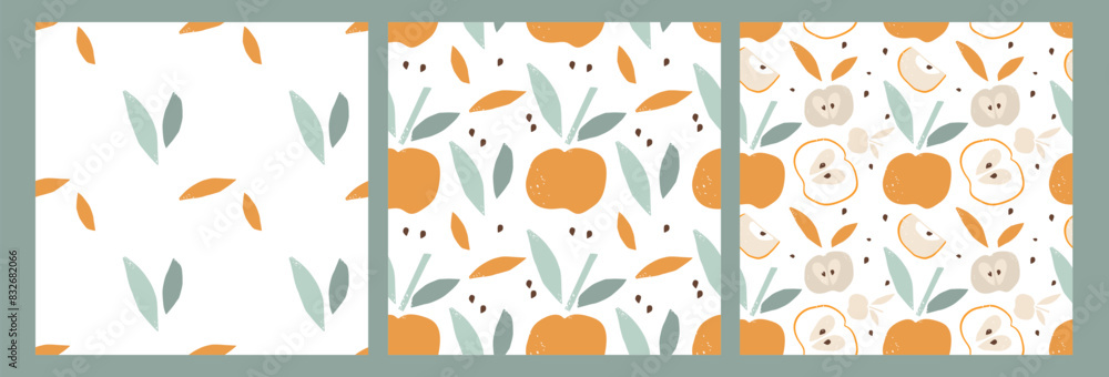 Seamless Apple pattern collection. Set of three. Abstract repeating backgrounds. Paper in pastel color with raster texture effect. Hand-drawn prints for wallpaper, textile, wrapping, packaging. Seamless Apple pattern collection. Set of three. Abstract repeating backgrounds. Paper in pastel color with raster texture effect. Hand-drawn prints for wallpaper, textile, wrapping, packaging.