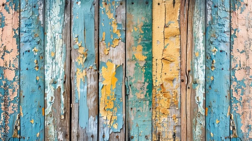 Close-up of a weathered wooden fence with peeling paint in shades of blue, yellow, and green. photo