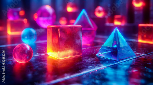 Vibrant neon shapes including cubes, spheres, and pyramids glow brilliantly against a dark futuristic grid background, evoking a sense of high-tech energy