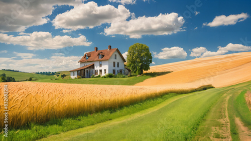 Idyllic countryside scene with rolling hills, a quaint farmhouse, and fields of golden wheat under a blue sky